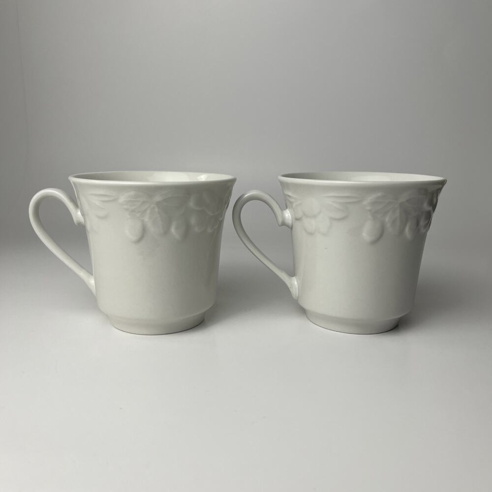 Harvest Moon Ceramic Coffee Cup Embossed Floral Pattern White Leaf Motif 2-Pcs